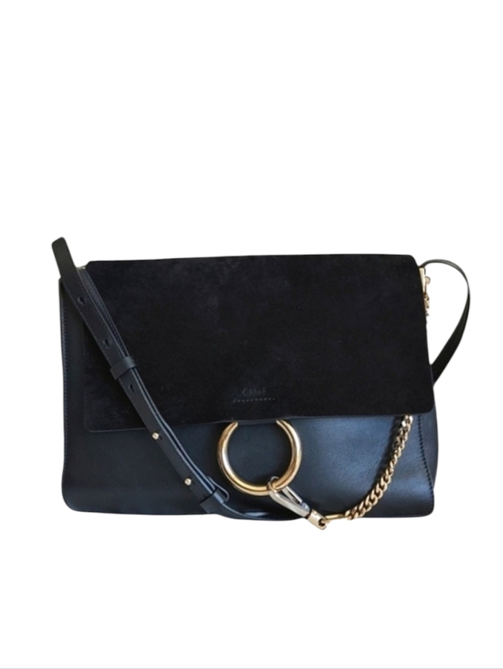 Chloe Faye Medium Black Leather Suede Porte Epaule Shoulder Bag